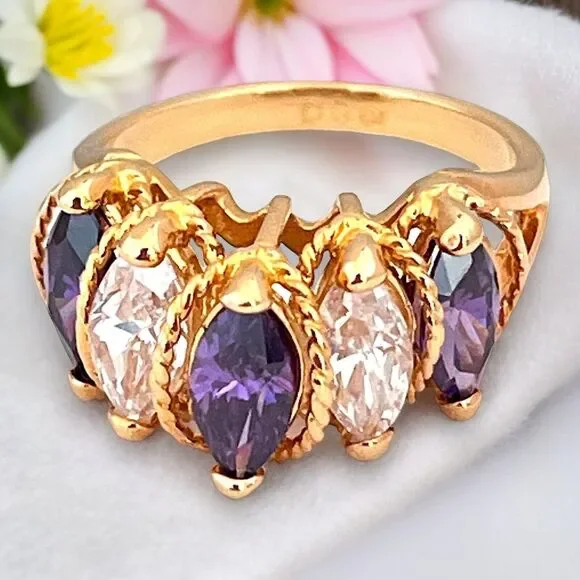 Vintage 1990s Purple CZ Ring D. Gioielli Size 9 18K Gold Plate Cocktail - 14F - Picture 6 of 12